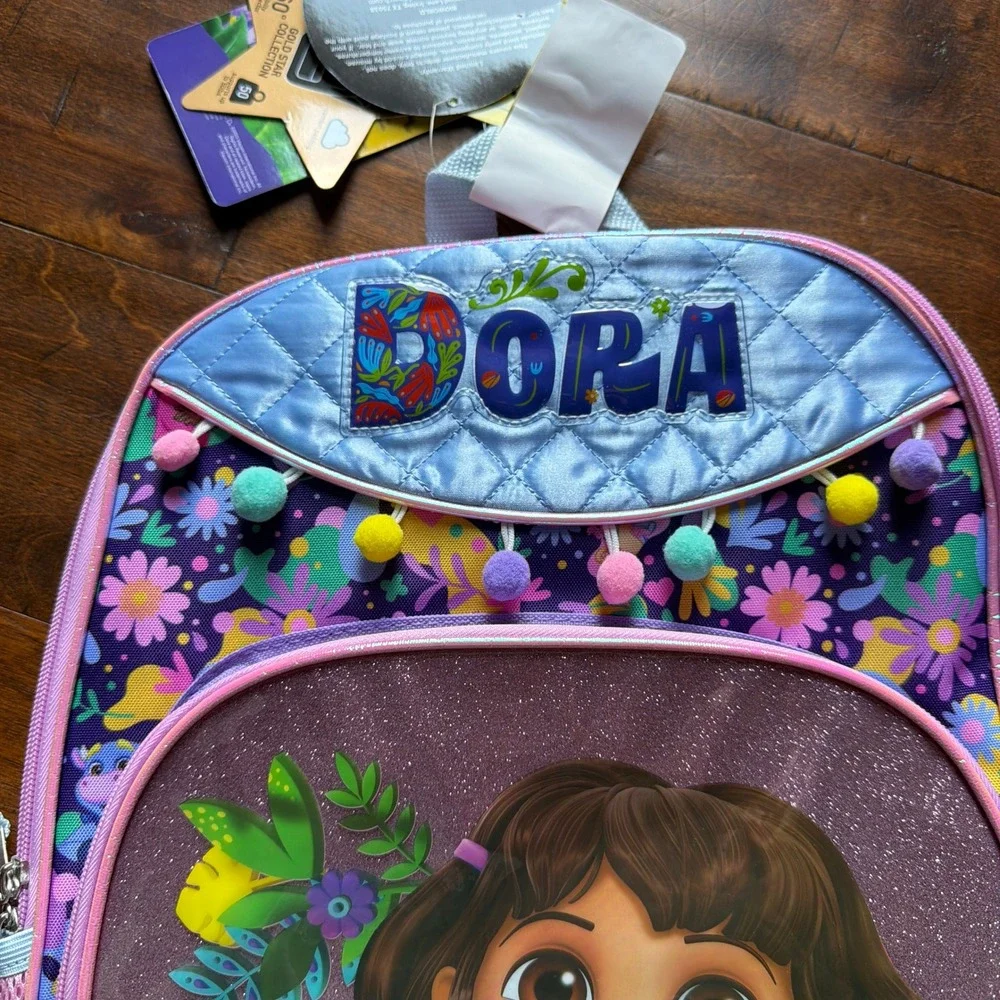 Nickelodeon Dora the Explorer Full Size School Backpack Purple Pink Pom Poms